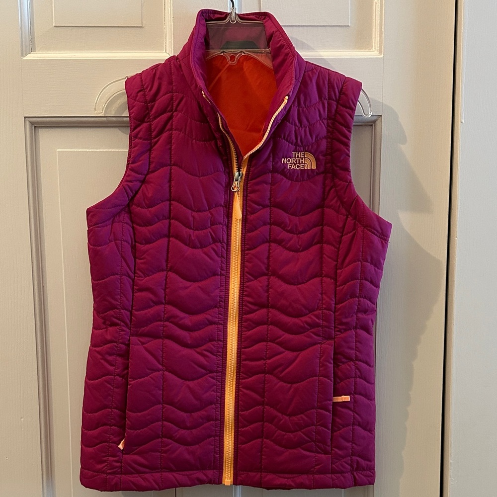 The North Face Magenta Quilted Vest with Orange Accents